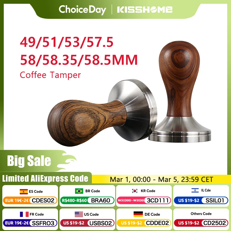 Martillo de café expreso en polvo de madera, 41/49/51mm/53mm/57/57,5mm/58mm/58,35mm, herramienta de Barista de acero inoxidable, accesorio de café