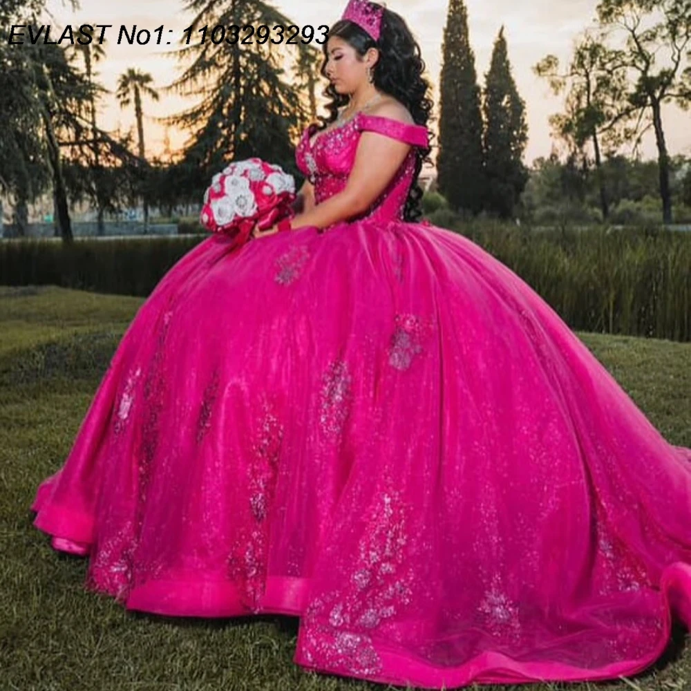 

EVLAST Customized Shiny Fuchsia Quinceanera Dress Off Shoulder Lace Applique Beading Corset Sweet 16 Vestidos De 15 Anos E1QN497