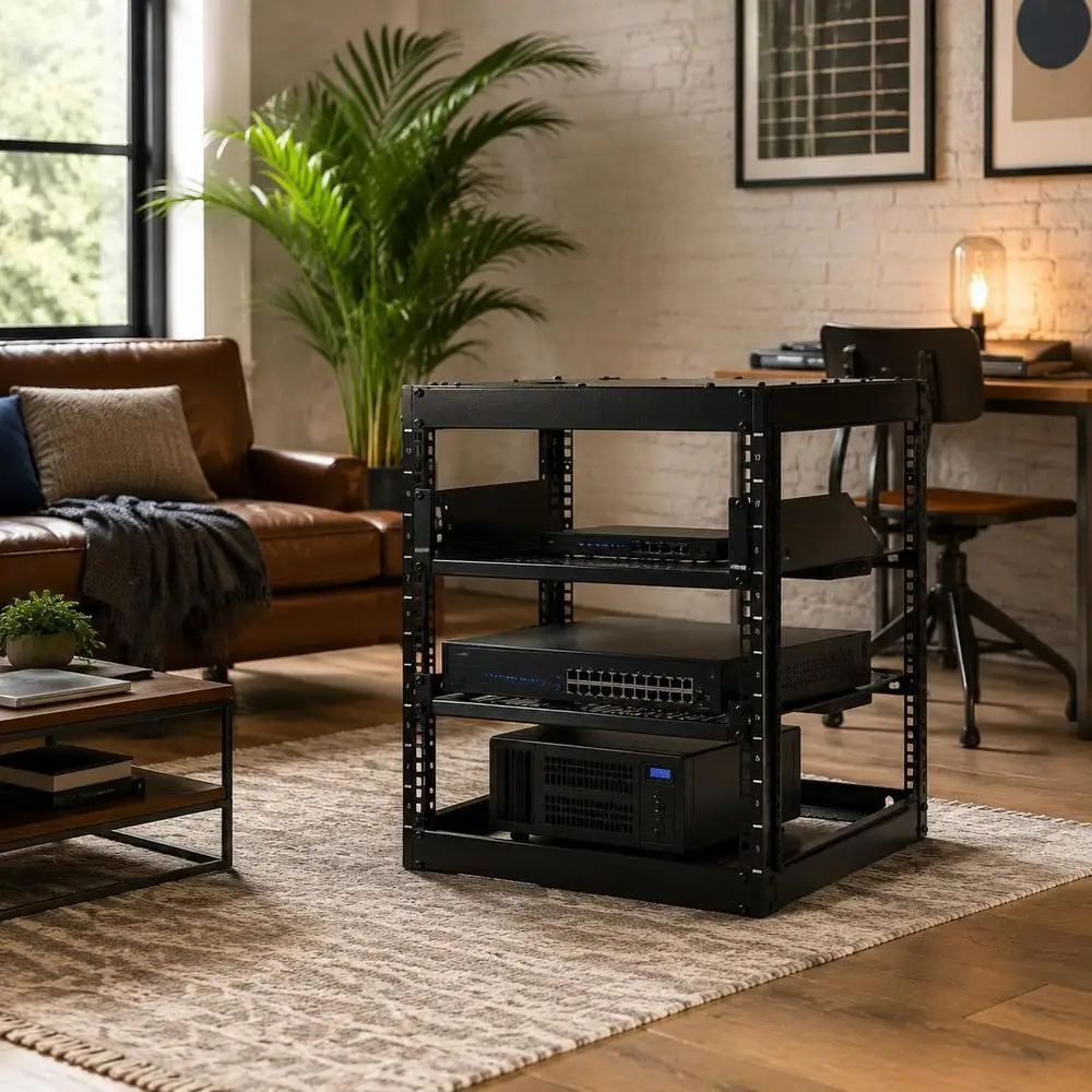 Baie réseau à cadre ouvert 10U, profondeur 585 mm, montable au mur ou utilisable comme baie serveur sur pied, construction à 4 poteaux, avec étagères ventilées et accessoires de montage, pour tous les équipements informatiques et audiovisuels.