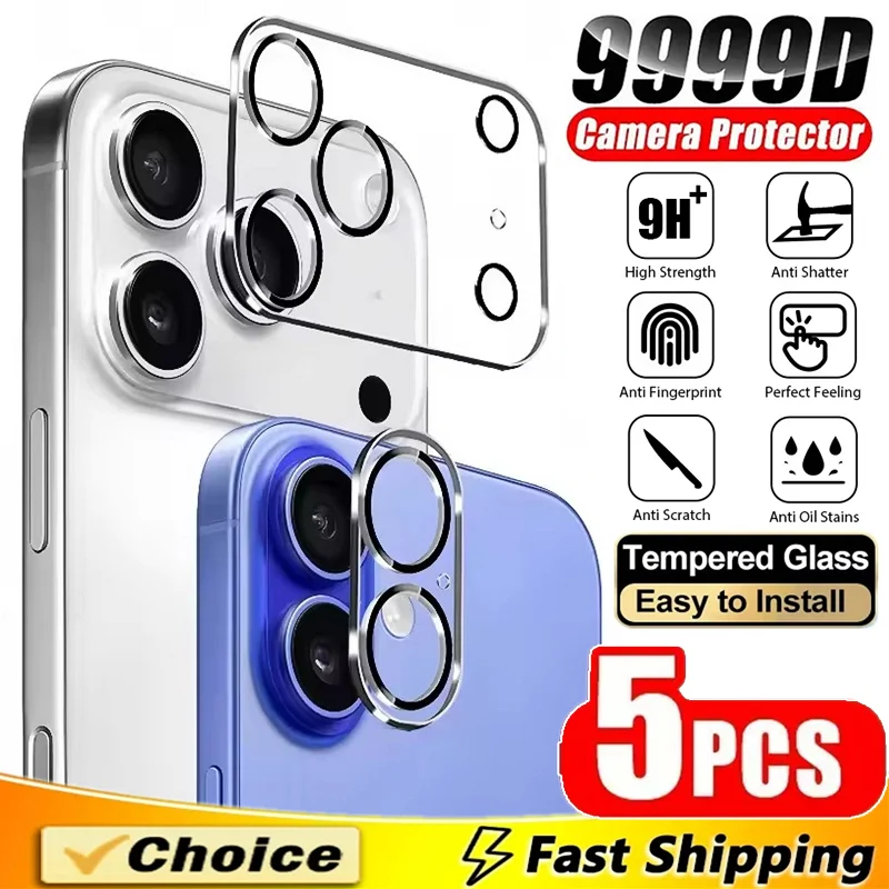 

5Pcs 9999D Lens Protector Glass For iPhone 16 15 14 13 12 11 17 Pro Max Camera Protective Glass Film For iPhone 17 Air 16 Plus