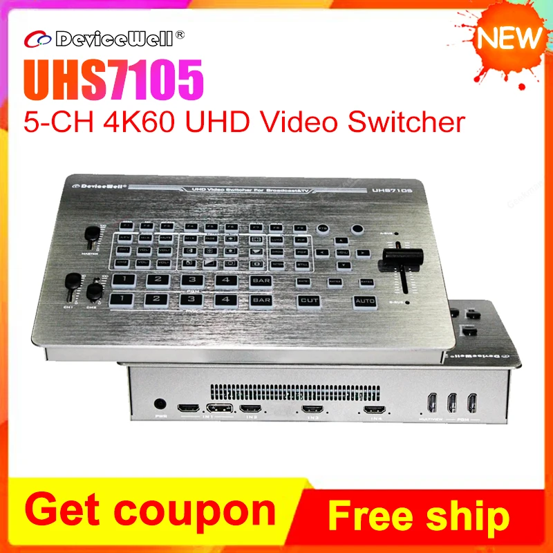 NEW DeviceWell UHS7105 5-CH 4K 60 UHD Video Switcher with 4 HDMI-compatible + 1DP SIGNAL INPUT