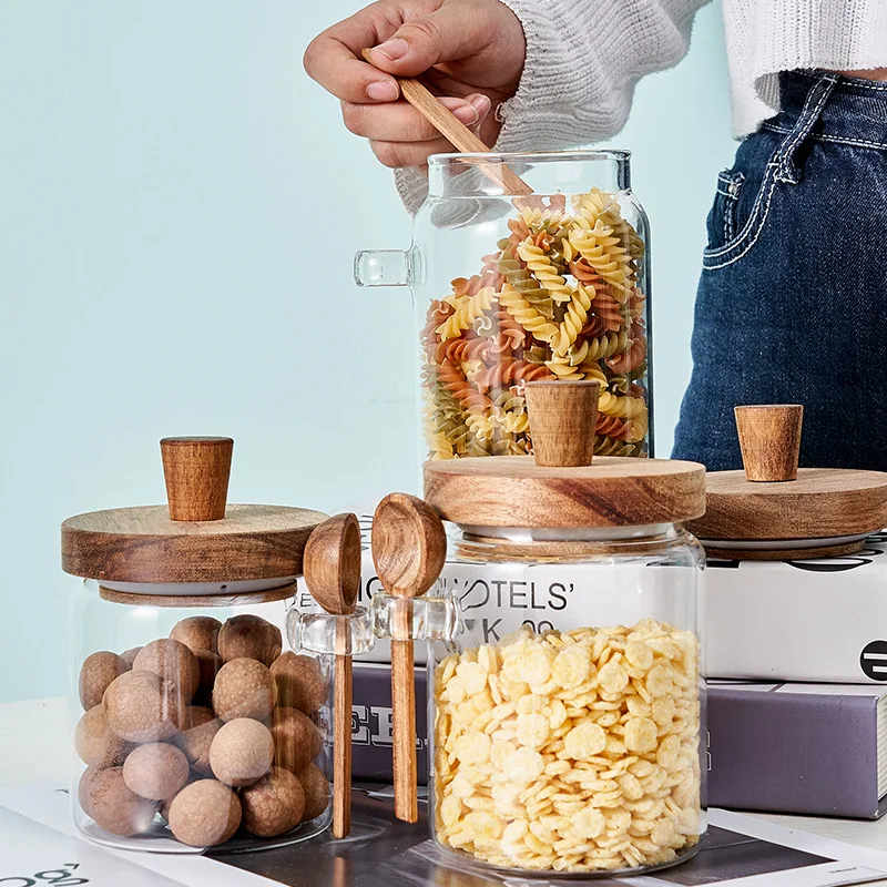 Glass Sealed Jar with Wooden Spoon Kitchen Storage Jar for Grains, Coffee, and Tea Seasoning Jar Moisture-proof Storage