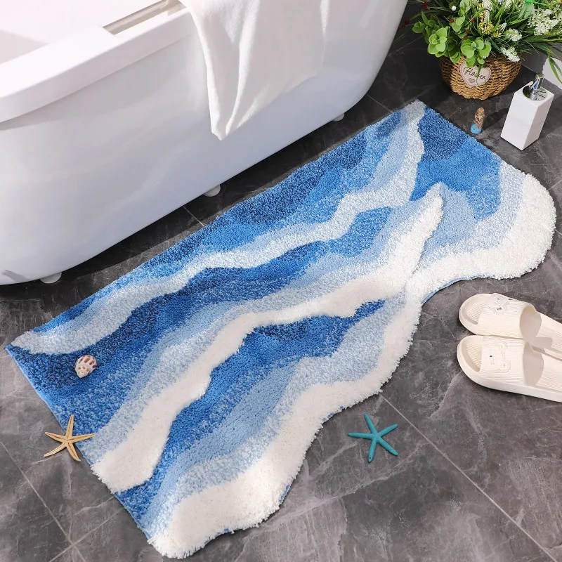 

Aesthetic Wave Carpet Tufting Bathroom Antislip Mat Ocean Sea Tufted Carpet House Ornament Livingroom Decoration Bedside Rug