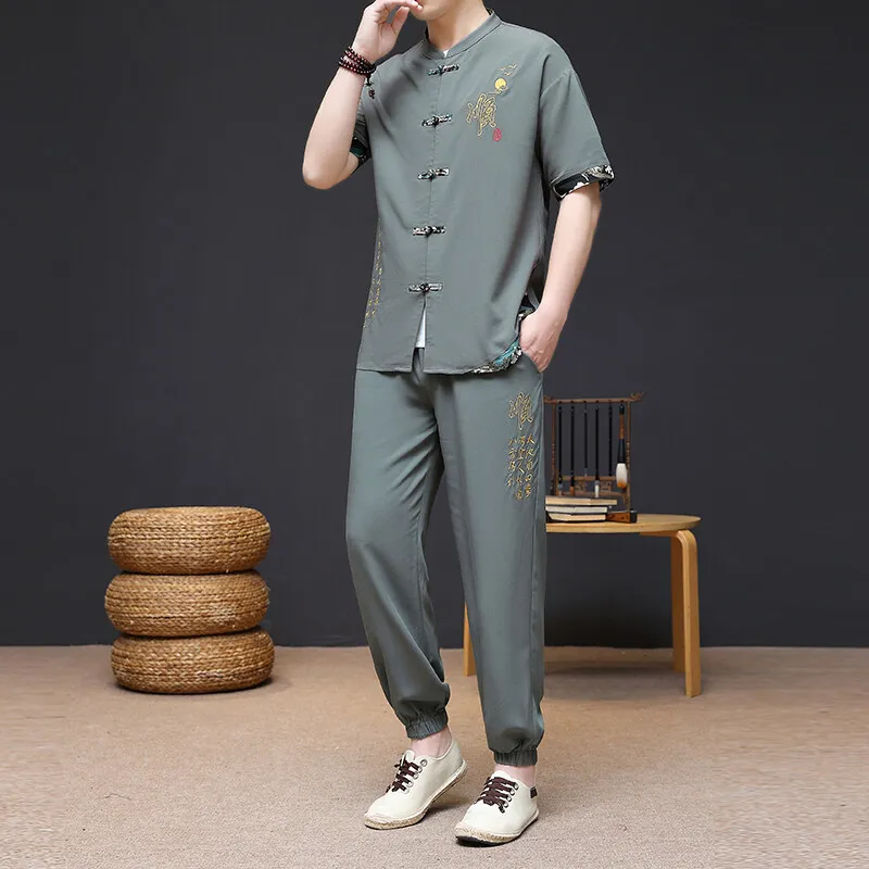 

(Рубашка + брюки) 2025 летняя модная мужская рубашка, рубашки с короткими рукавами, мужские комплекты, рубашки высокого качества, мужские рубашки из двух предметов, размер M-4XL