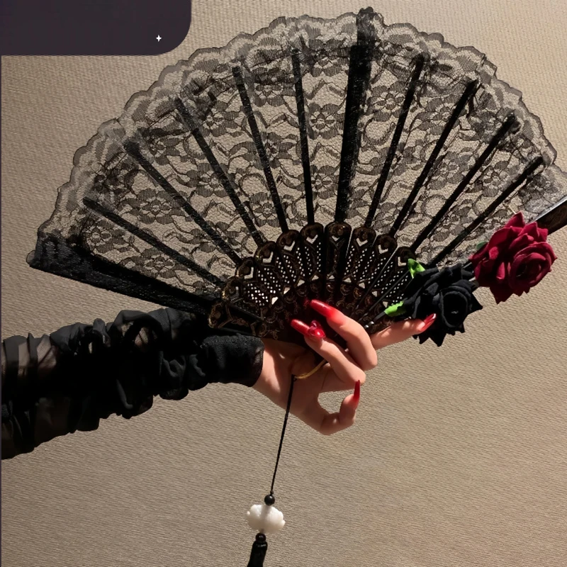 Combhasaki Halloween Lace Folding Fan 3D Rose Decor Retro Handheld Fan Vintage Lolita Style Photography Props Costume Accessory
