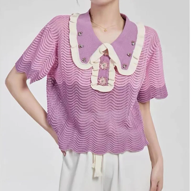 

Hollow Out Purple Cropped Tops for Women Summer T Shirt Lapel Collar Short Sleeve Beaded Thin Knit Pullover Sweater Shirt