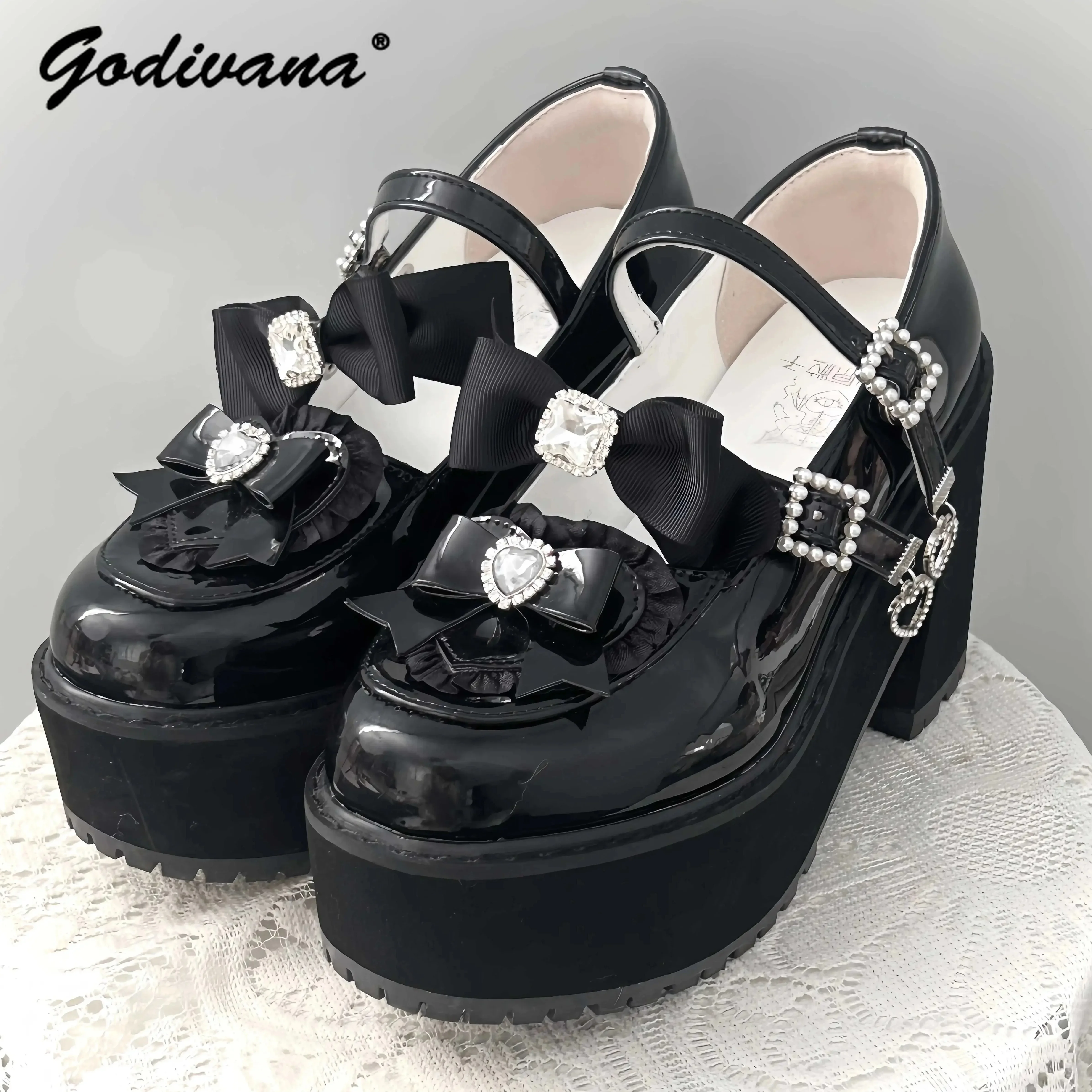 Japanese Mine-Style Platform Shoes Asian Culture Black White Loafers for Women Students Rhinestone Bow JK Uniform Shoes Pumps
