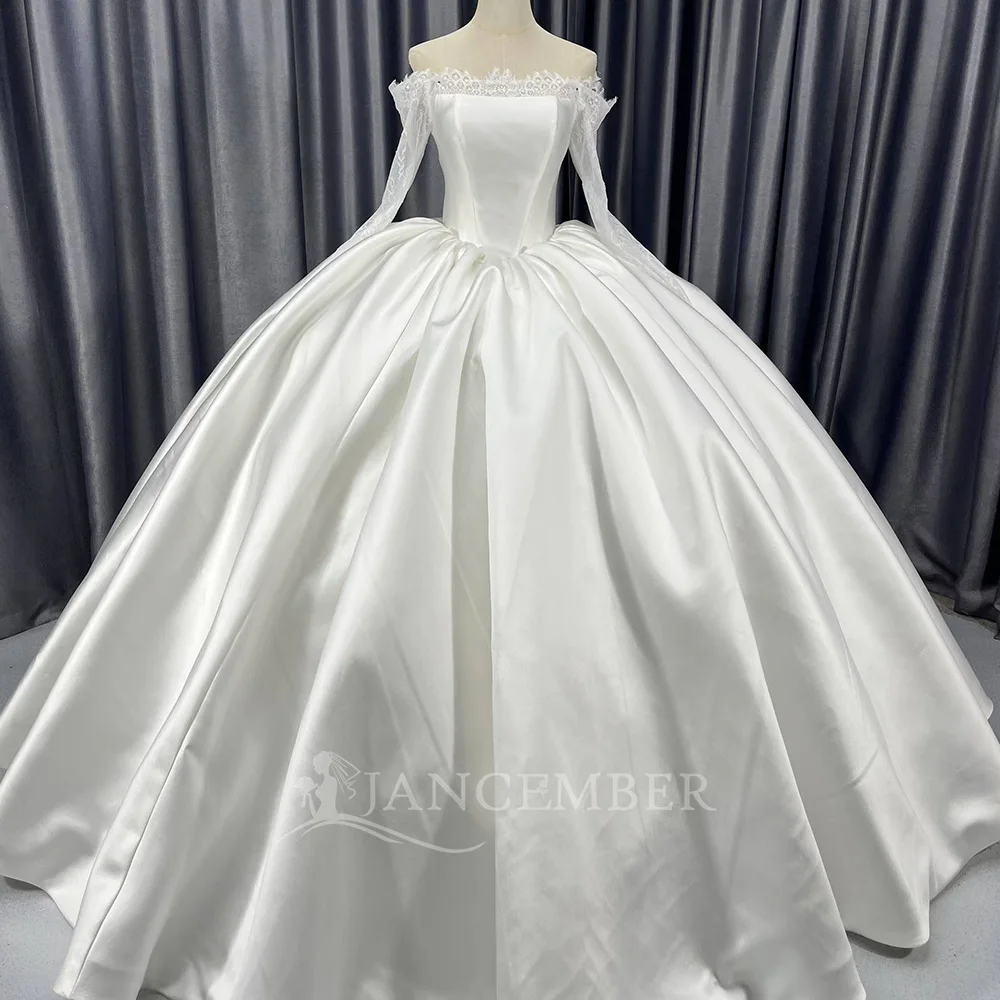 

Customized Elegant Pleat vestidos de novia Affordable Beach Wedding Dress Ball Gown Satin Boat Neck Bride Dresses Robe De Mariee