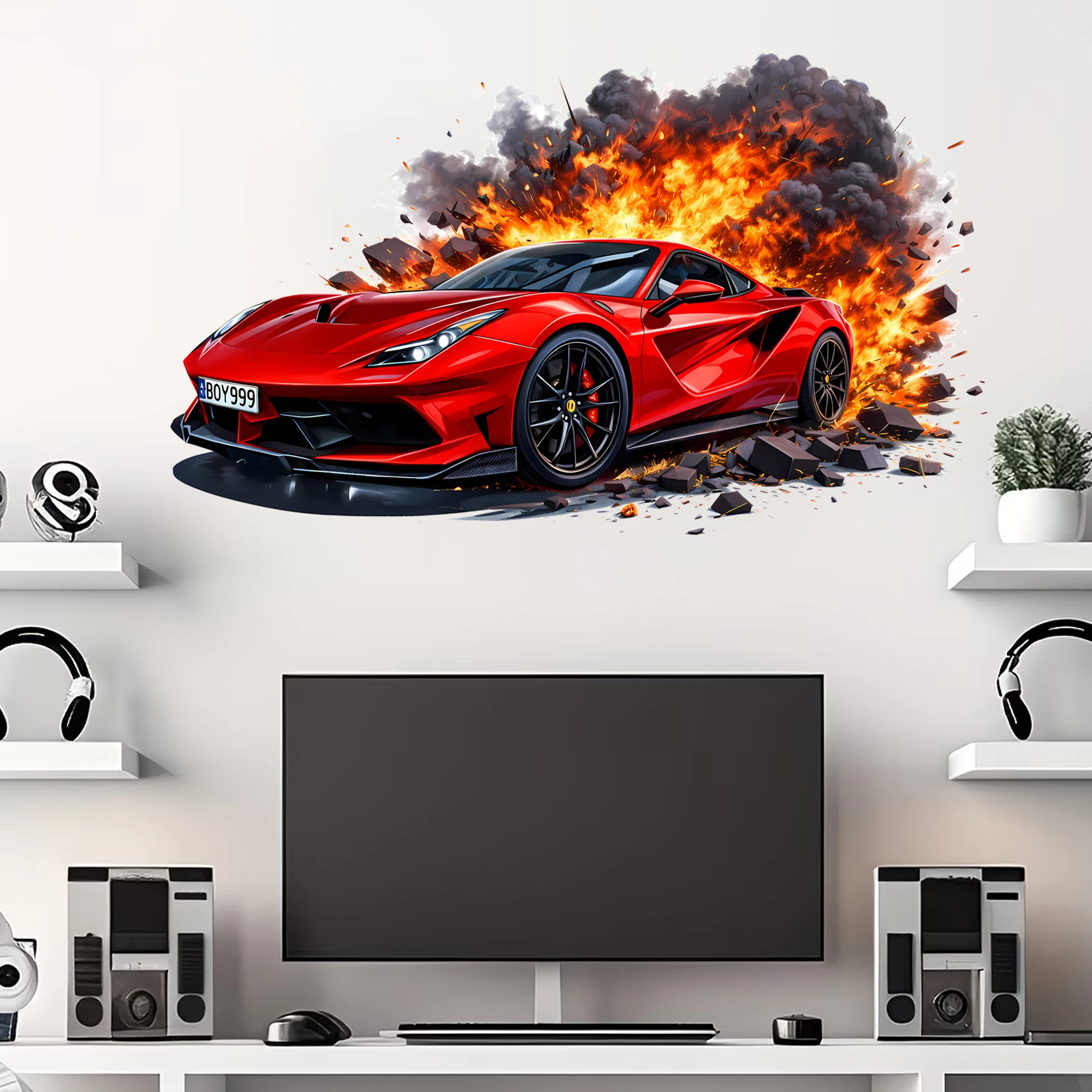 3D Roter Supersportwagen Wandaufkleber, Feuerndes Sportwagen-Wandsticker für Jungenzimmer Spielzimmer Wohnzimmer Rennthemen-Raumdekoration