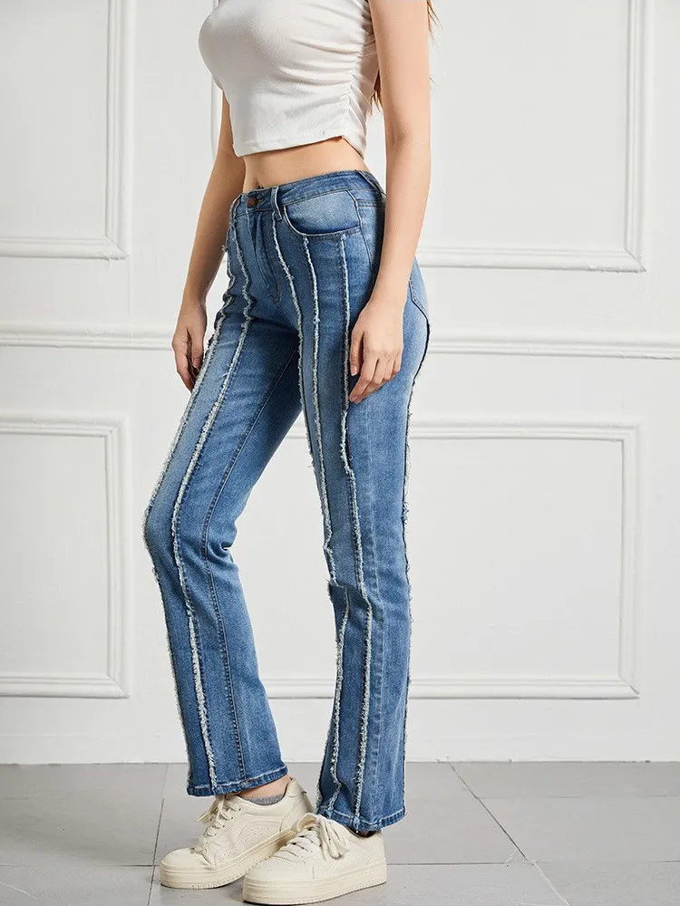 

Эластичные женские джинсы больших размеров с высокой талией, длинные брюки в стиле пэчворк с потертостями, повседневные широкие брюки на молнии