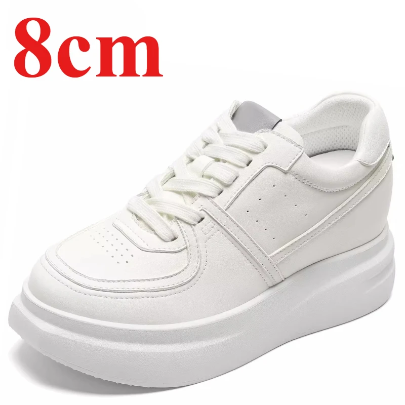 White Shoes for Women's 8cm Height-increasing Casual Sneakers Genuine Leather Breathable, Lightweight Thick Soled Elevator Shoes