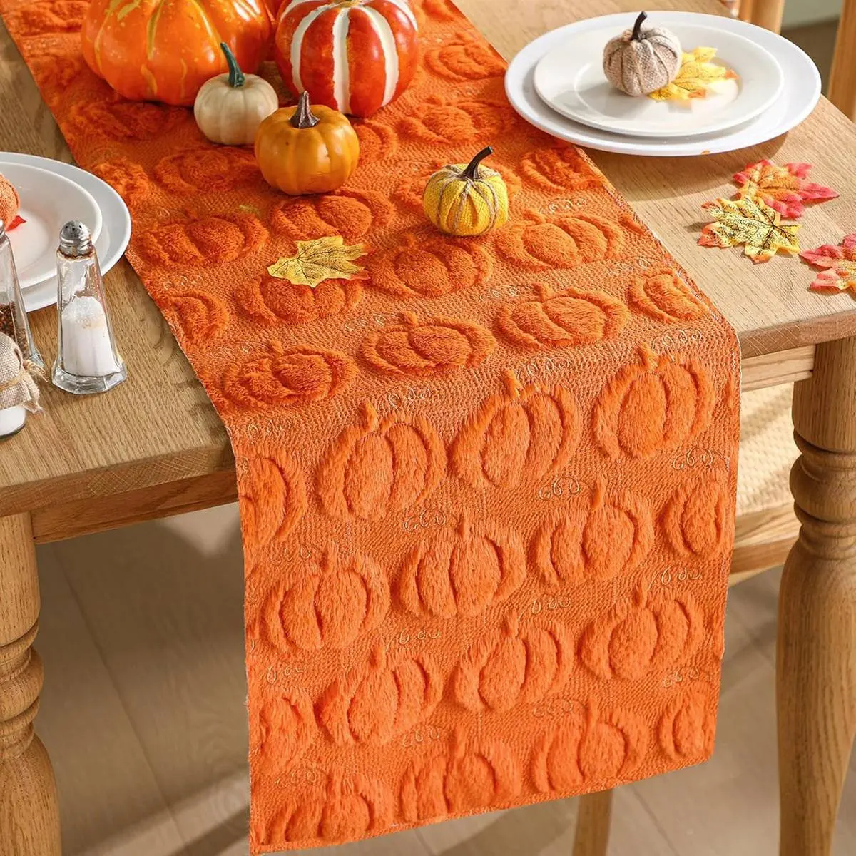 

*BAAY Fall Orange Pumpkin Table Runner Cute 3D Faux Fur Soft Fall Table Runner Suitable for Halloween Home Decoration 2pc