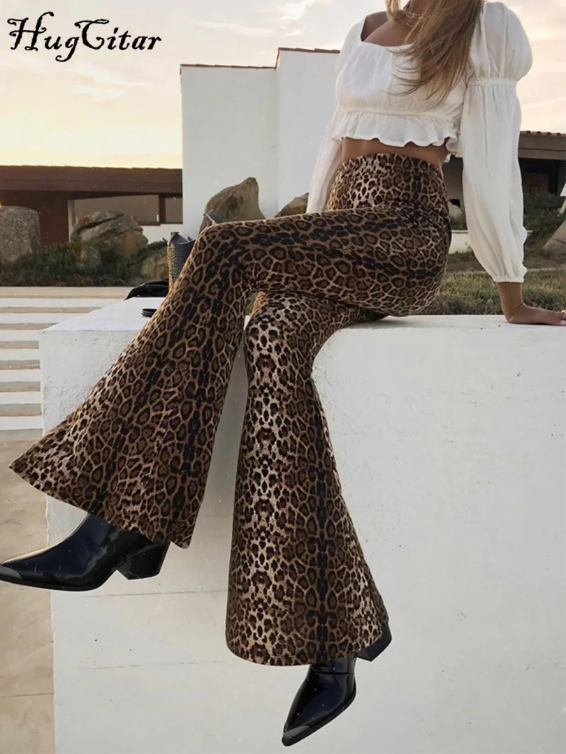 Hugcitar High Waist Leopard Print Flare Leggings 2021 Autumn Winter Women Fashion Sexy Bodycon Trousers Club Pants