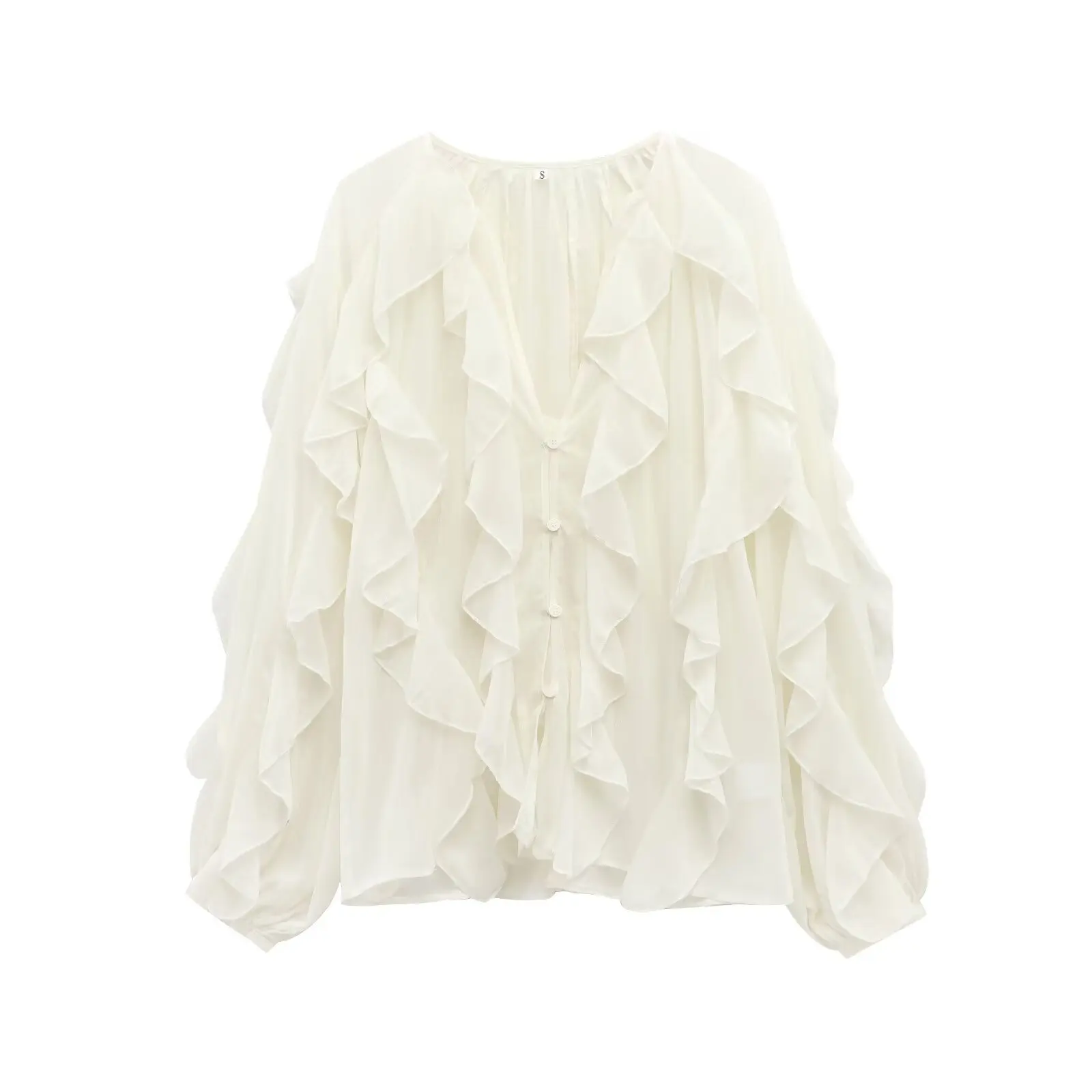 قميص نسائي فضفاض بأكمام طويلة وياقة على شكل V مع زخارف متعددة الطبقات، أسلوب كاجوال من ألياف البوليستر بلون واحد، موضة موسم ا... #5