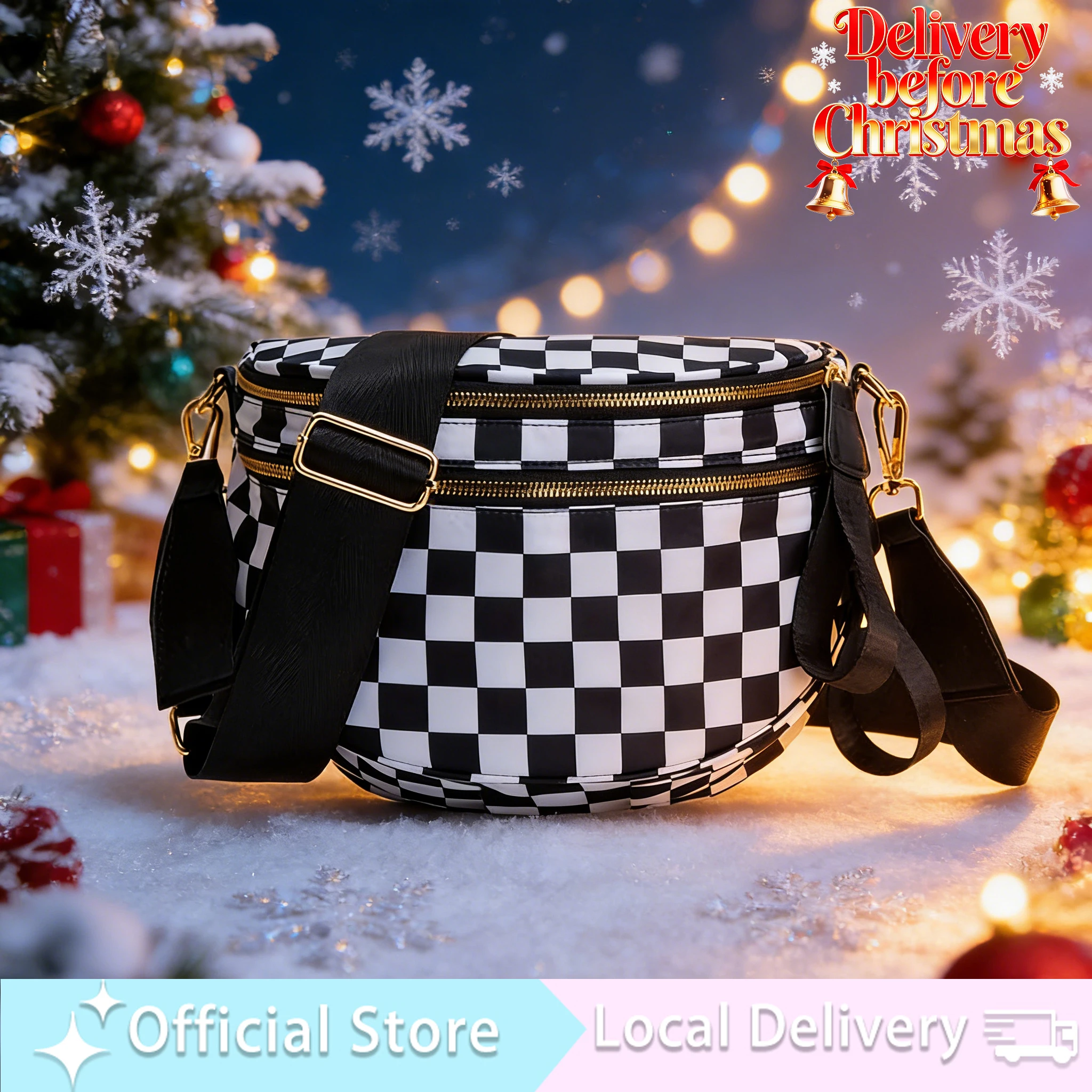 

Spacious Black and White Checkered Nylon Bum Bag Plus Size Friendly Fanny Pack Iris Designfor Essentials for Christmas Gift