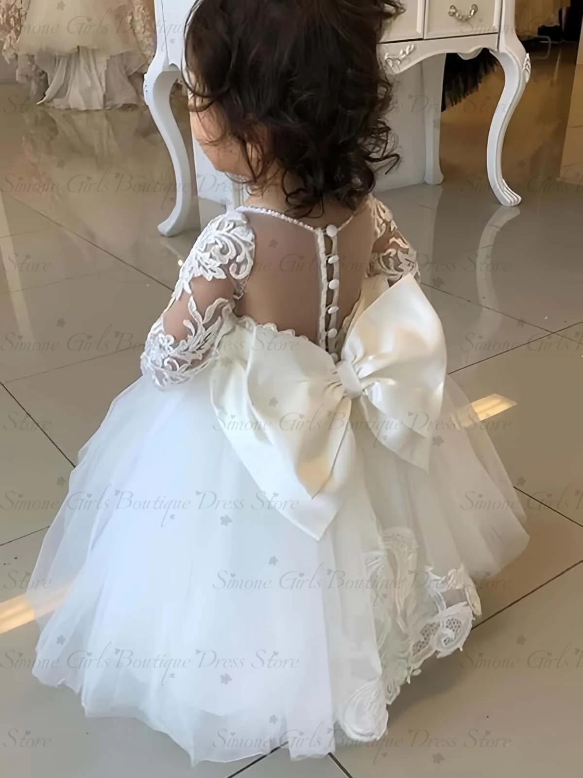 White Flower Girl Dresses for Wedding Bow Lace Appliques Floor Length Girls Kids Birthday Party Communion Party Gowns Customized