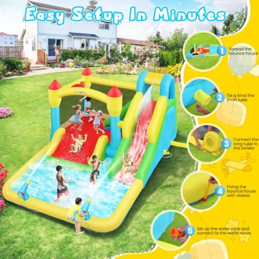 Outdoor/Indoor inflatable water bounce house for kids 3-12 PVC material blue and yellow triple slides with climbing wall ball p view 6