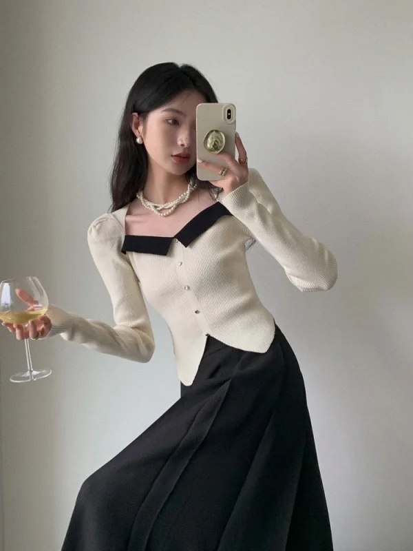 

Slim Fit Square Collar Knitted Sweater Women's Inner Wear Casual Sle mid Thiening Winter Base irt Faionable Ele