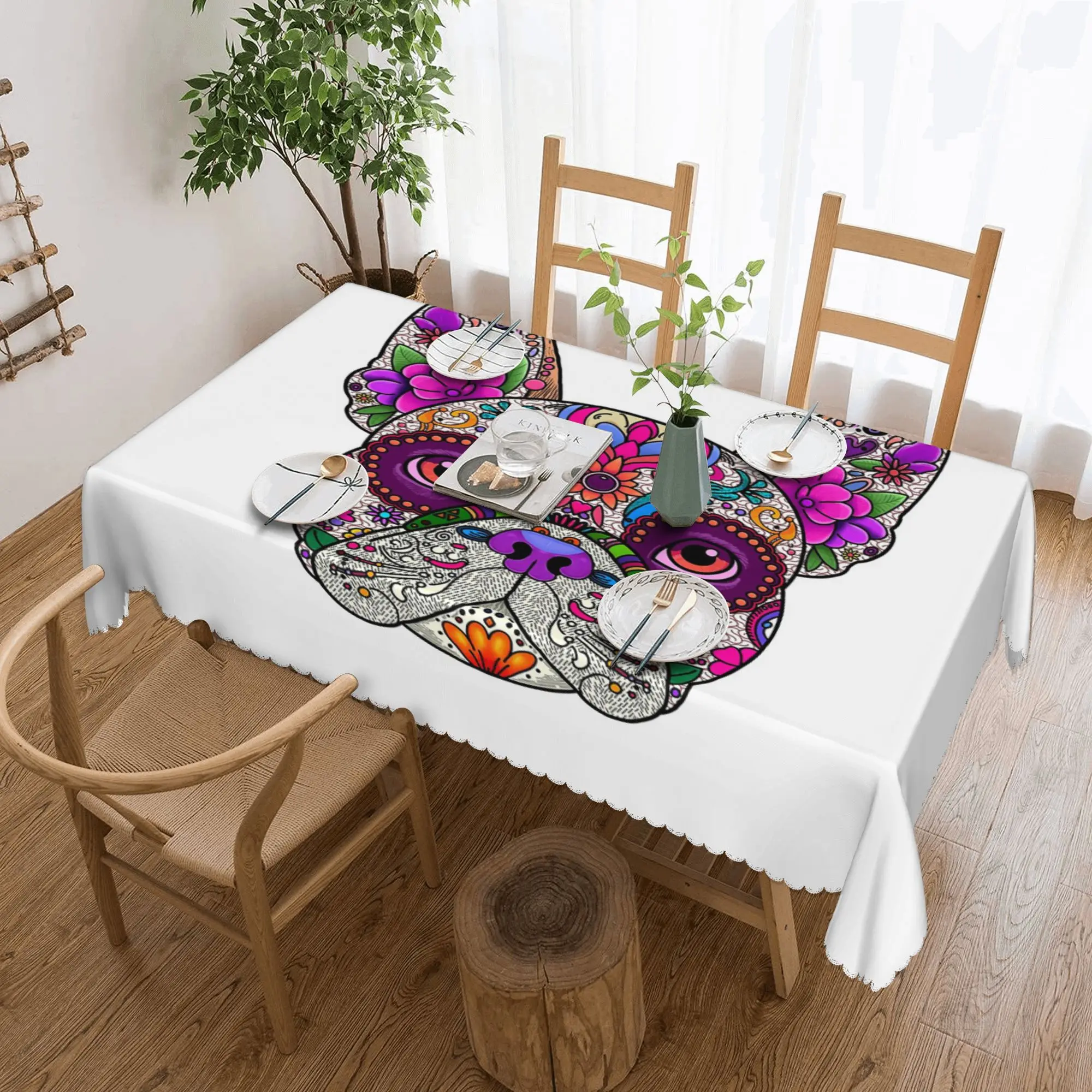 

Custom Mexican Day of the Dead Dog Frenchie Rectangular Tablecloth Waterproof Table Cover for Dining Events Table Cloth