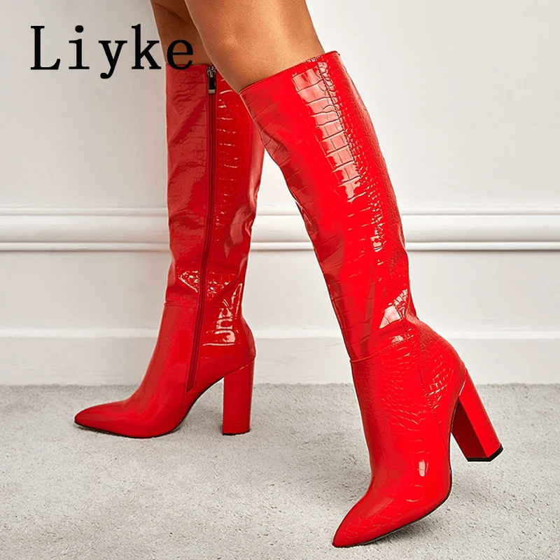 Liyke Fashion White Women Knee High Boots Sexy Snake Print Leather Pointed Toe Square Heels Ladies Long Booties Zip Female Shoes