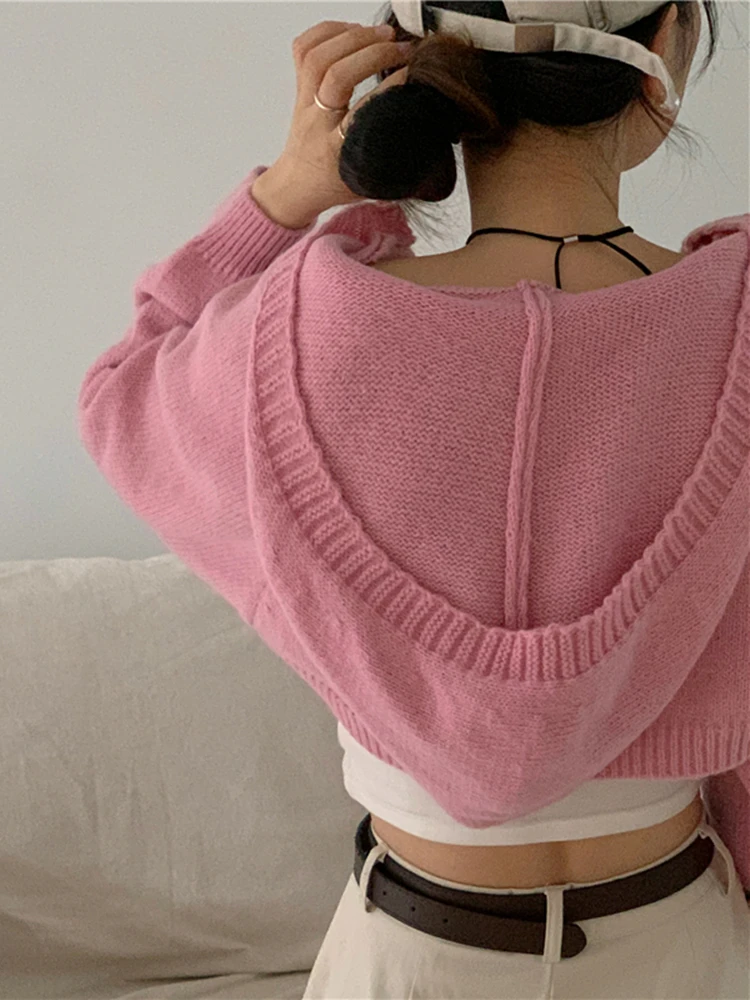 Colorfaith SWC5491JX New 2023 Hooded Korean Fashion Knitted Poncho Women Autumn Winter Elegant Vintage Short Cardigans Pink Tops