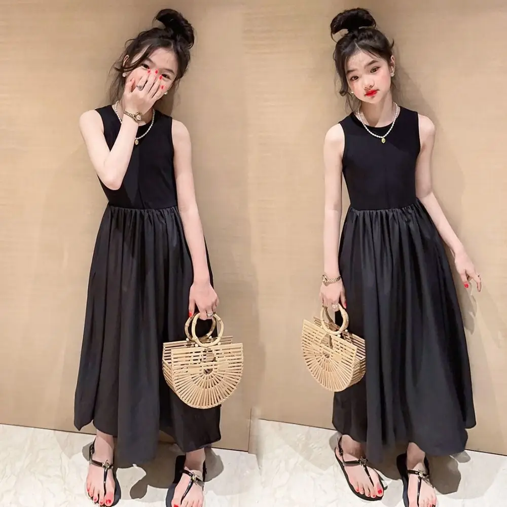 Fashion Sleeveless Girl Princess Dress Loose Elegant Teens Party Dress Sweet Children Black Dress