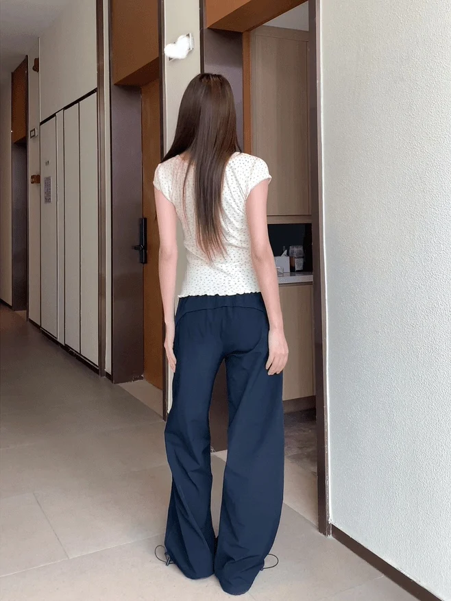 Versatile Loose Wide Leg Workwear Pants for Women Autumn New Style Dark Blue Trousers Cuffed Casual Loose Sports Pants