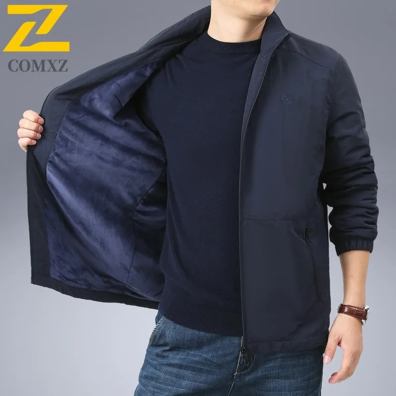 COMXZ 2025 Mens Fleece Lined Winter Coat Thickened Warm Jacket Middle Age Dad Outerwear Plus Size Casual Padded Parka