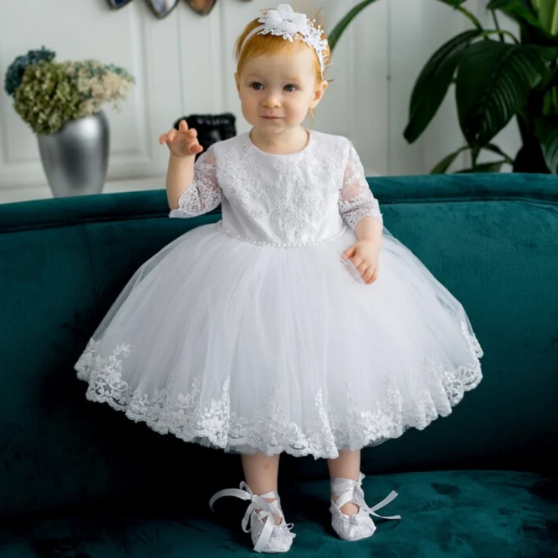 

White Flower Girl Dresses Tulle Puffy Appliques 3/4 Sleeve For Wedding Birthday Party Holy Communion Gowns