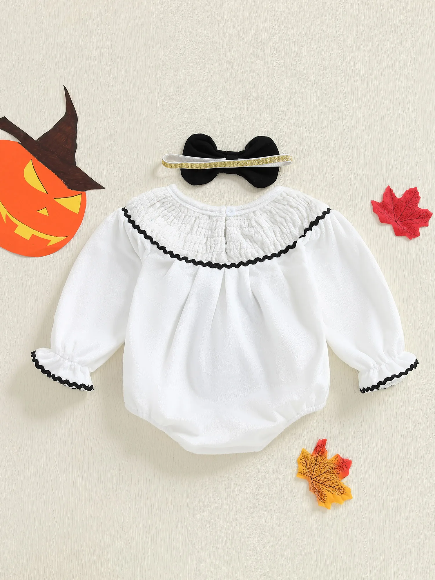 

Toddler Girls Pumpkin Patch Romper Halloween Costume Long Sleeve Smocked Jumpsuit with Matching Headband and Bow