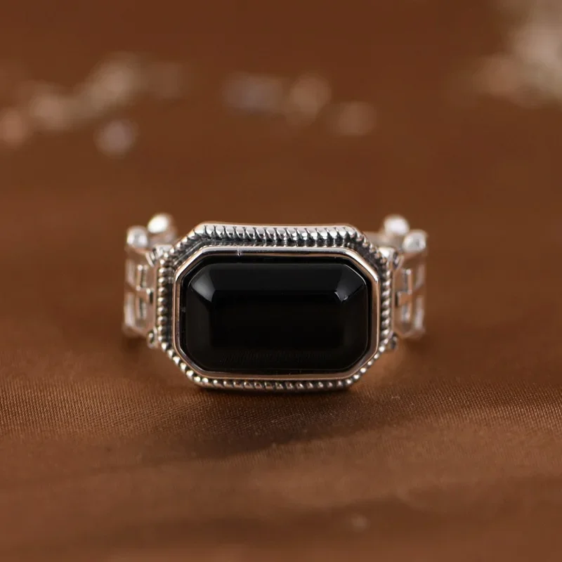 NEW S925 Silver Vintage Fashion Cross Square Black Agate Opening Ring Male and Female Gift