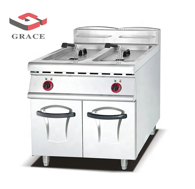 Commercial Luxury Clips 40L Double Basket Double Tank Gas Deep Fryer Machine With Cabinet