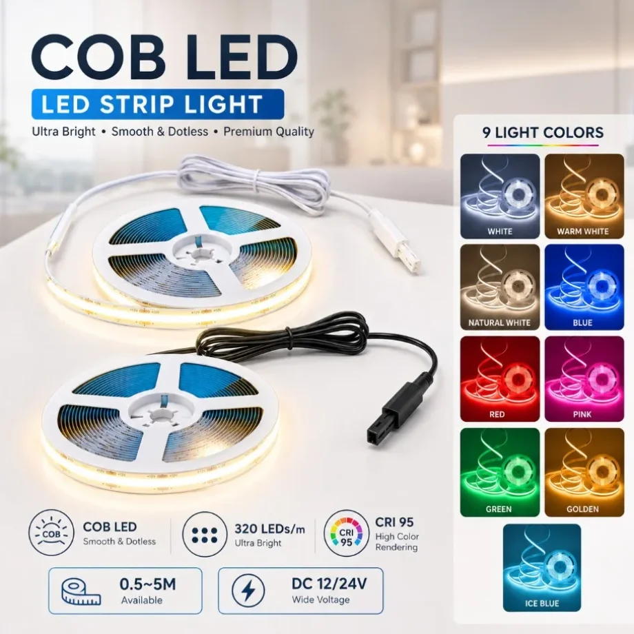 DC12V 24V Flexible LED Tape 0.5‑5M COB LED Strip Light 320LEDs/m 9Colors Cabinet Background Lighting Home Room Decor