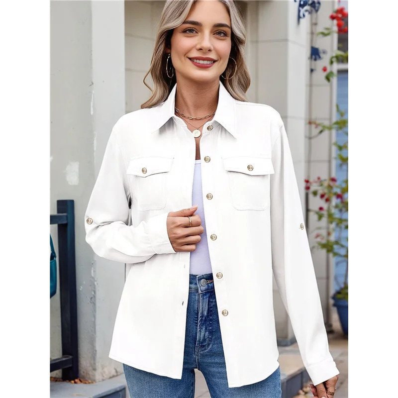 

НОВИНКА-Женские рубашки на пуговицах, повседневная блузка Chambray с длинным рукавом и v-образным вырезом, топ