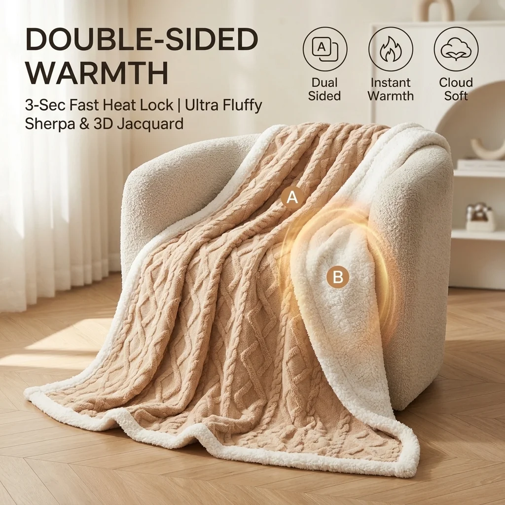 Luxury Cable Knit Sherpa Throw Blanket Thick Warm Fluffy Reversible Bed Blanket Soft Fleece Couch Cover for Sofa Bedroom