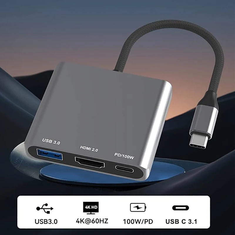 Compact 3-in-1 USB-C Hub Featuring 60W USB Power Delivery, 4K HDMI Output, and Multi-Port Connectivity