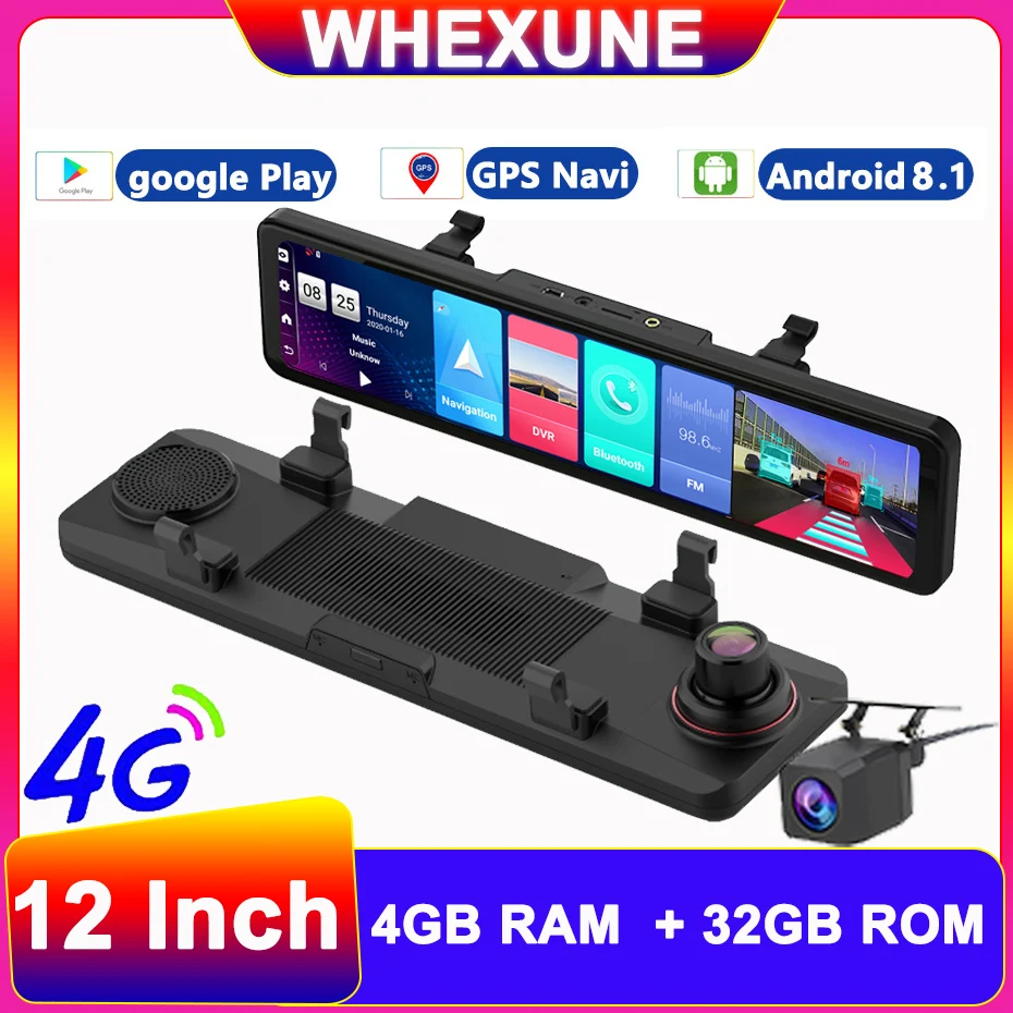 WHEXUNE 12 Inch Dash Cam 4G Android 8.1 ADAS Car DVR WiFi GPS Navigation FM 24h Parking Monitor Rear View Mirror Camera Recorder