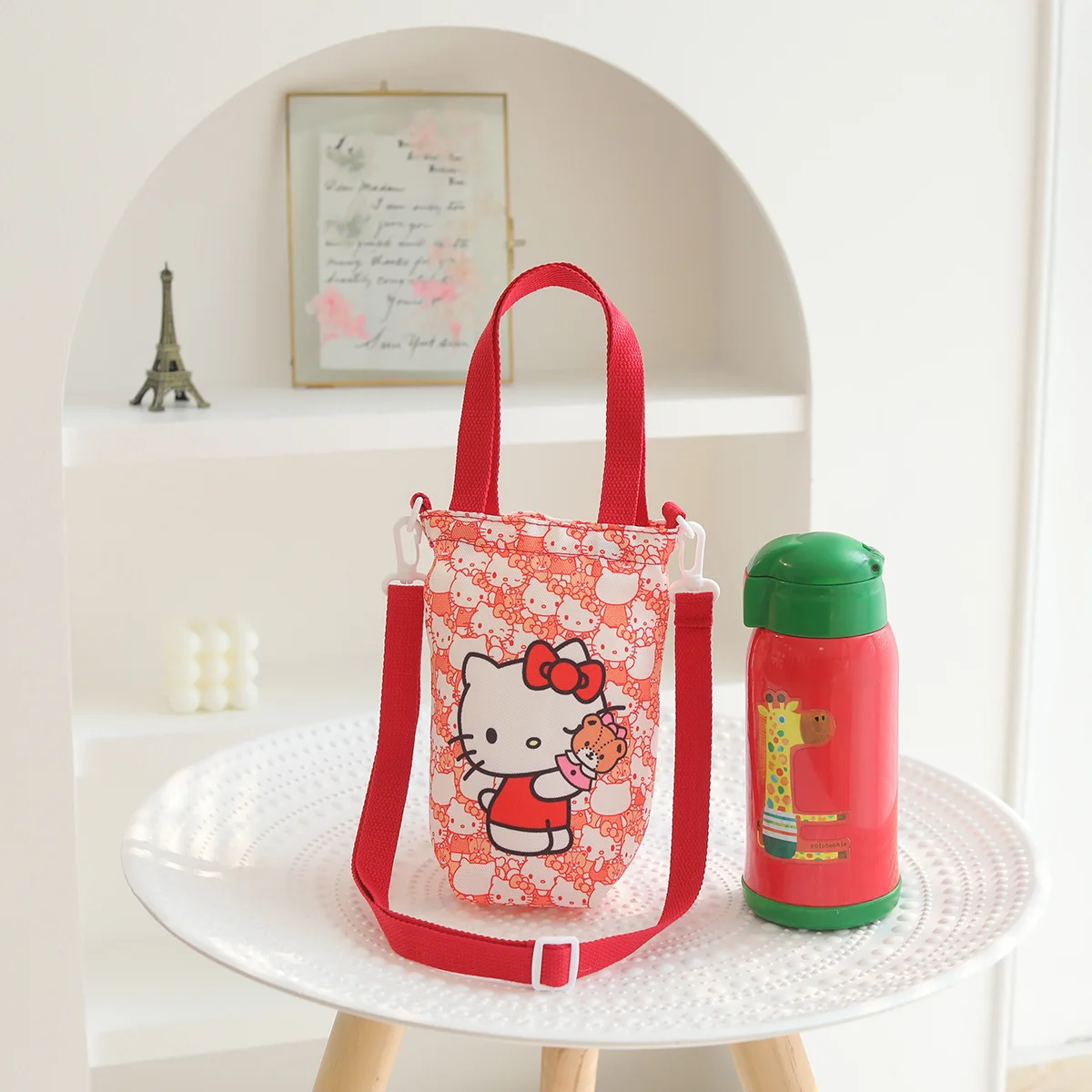 Sanrio Kuromi-Bolso de hombro de Hello Kitty, bolsa de almacenamiento portátil para botellas de agua, cubierta aislante para taza de lona, Anime