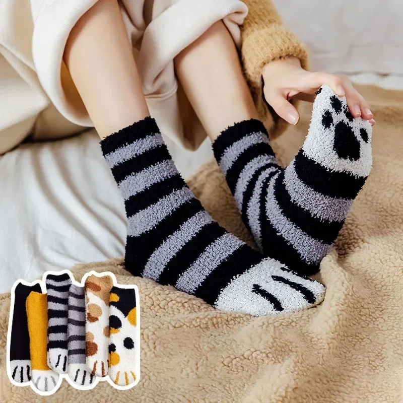 

Women Winter Warm Fluffy Socks Cute Animal Claw Cat Paw Footprint Fuzzy Socks Female Thick Coral Fleece Home Floor Sleep Socks