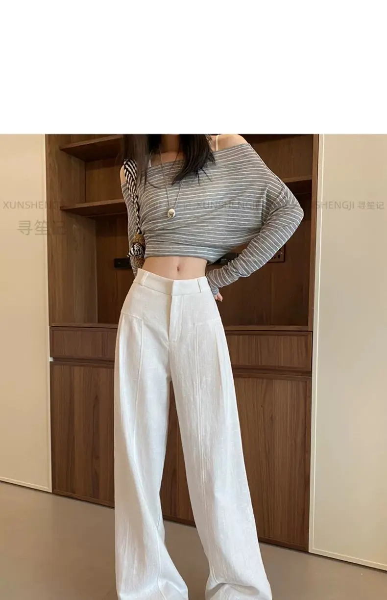 White Ramie Wide-leg Pants Women's Summer Thin High Waist Drape Old Money Style Suit Straight Sub-cotton and Linen Casual Pants