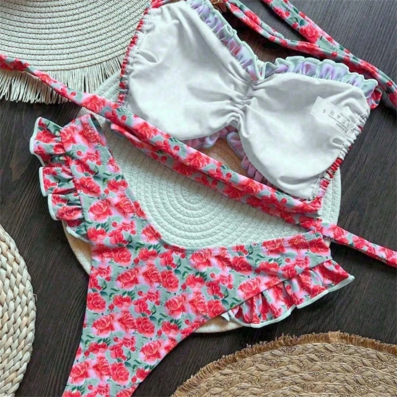 طقم تانكيني مكشكش مكون من قطعتين للنساء، ملابس سباحة مطبوعة بالزهور، تصميم منفصل، ملابس شاطئ مريحة