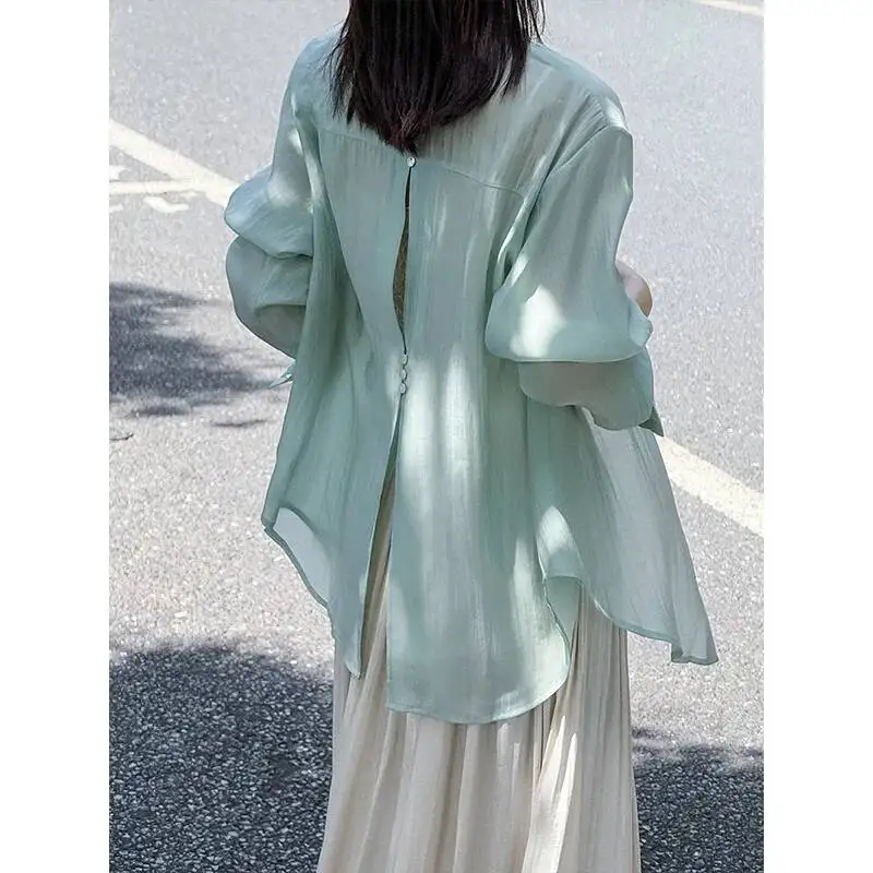 Summer Loose Women Lyocell Shirts Turn Down Collar Long Sleeve Back Slit Lightweight Shirt Tops