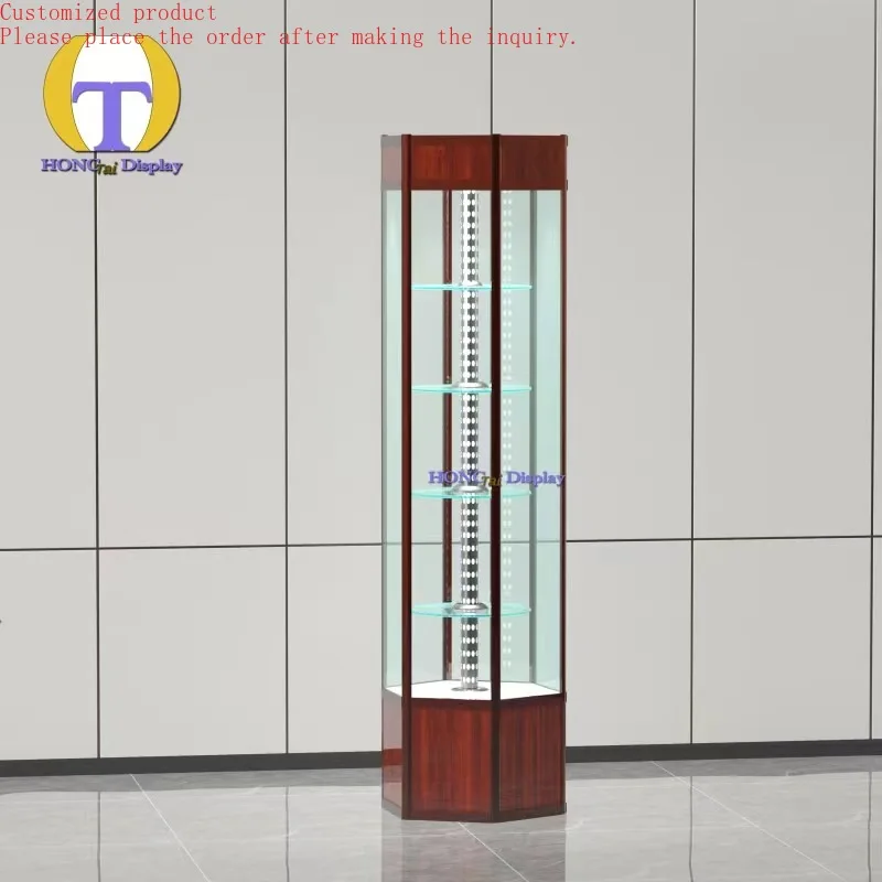 

Custom.Cherry Wood Round Shelves Glass Rotate Length Led Light Display Cabinet Creative Cool Smoke Shop Glass Display Showcase