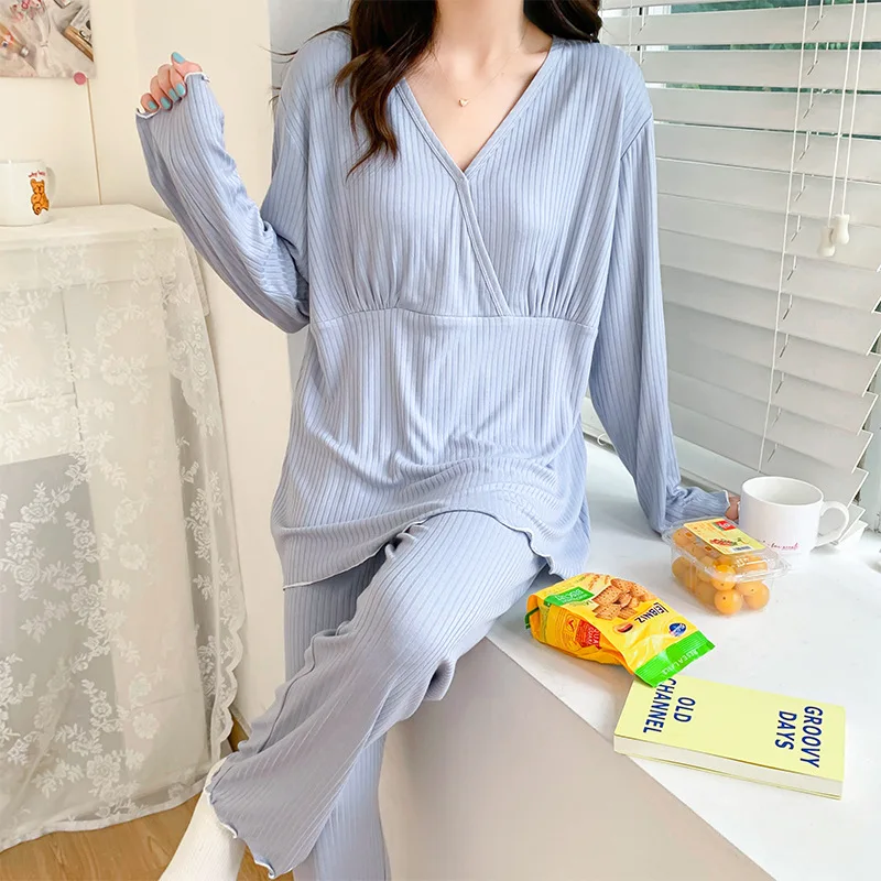 Fdfklak V-Neck Maternity Nursing Sleepwear Summer Thin Loose Breastfeeding Pajamas Suits 2022 Autumn New Modal Homewear