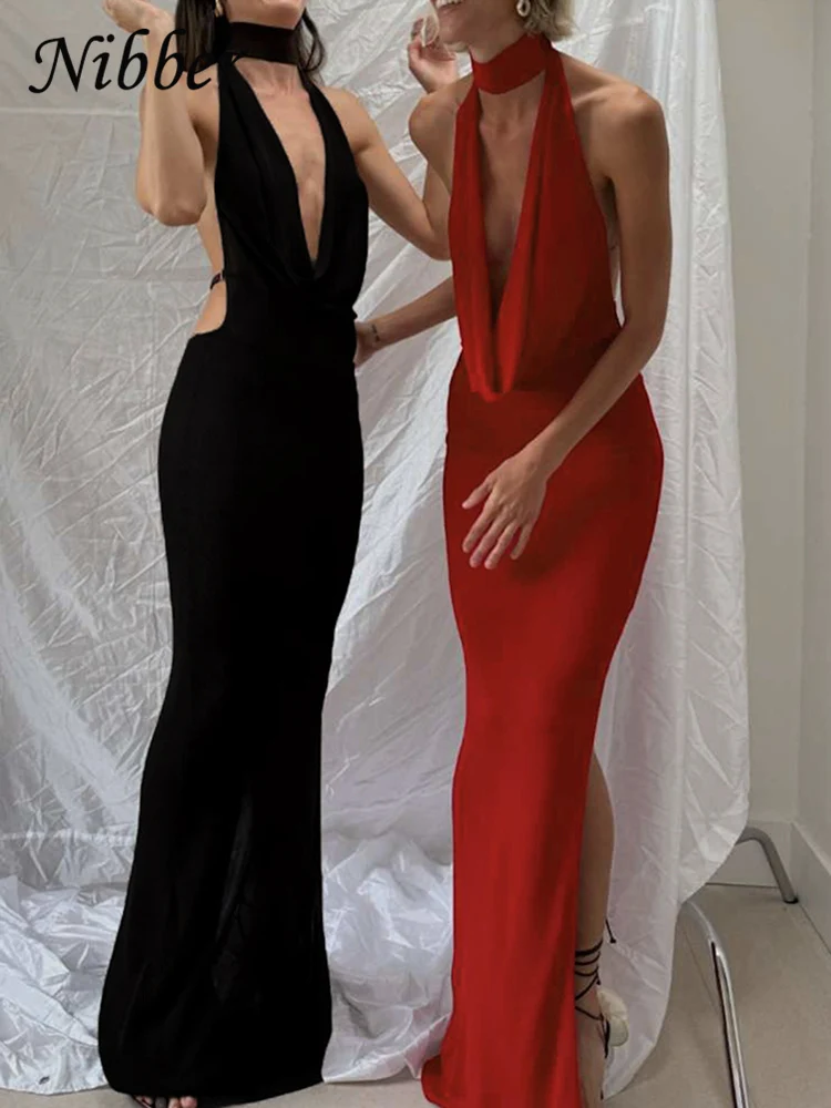 Nibber Hohl Neckholder Kleid Frauen Low-Neck Backless Sexy Ärmellose Schlitze Robe Trend Mitternacht Bankett Kokett Lange Bodycon