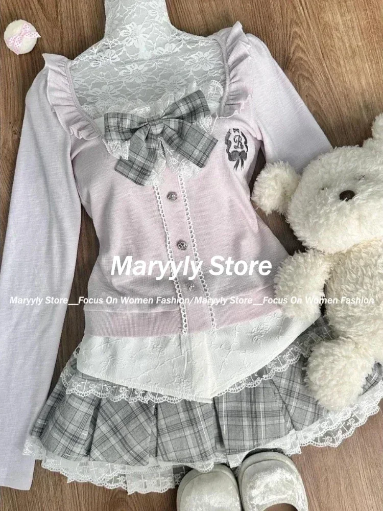 Japanese Sweet Preppy Style Skirt Set Women Kawaii Lace Patchwork Bow Tops + Y2k Plaid Mini Skirt Elegant Outifits 2 Piece Set