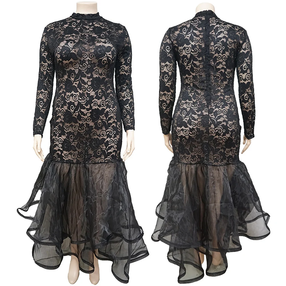 Sexy Sheer See Through Floral Lace Evening Maxi Dress Mock Neck Long Sleeve High Waist Bodycon Party Mermaid Dress Wedding Gown - view 5