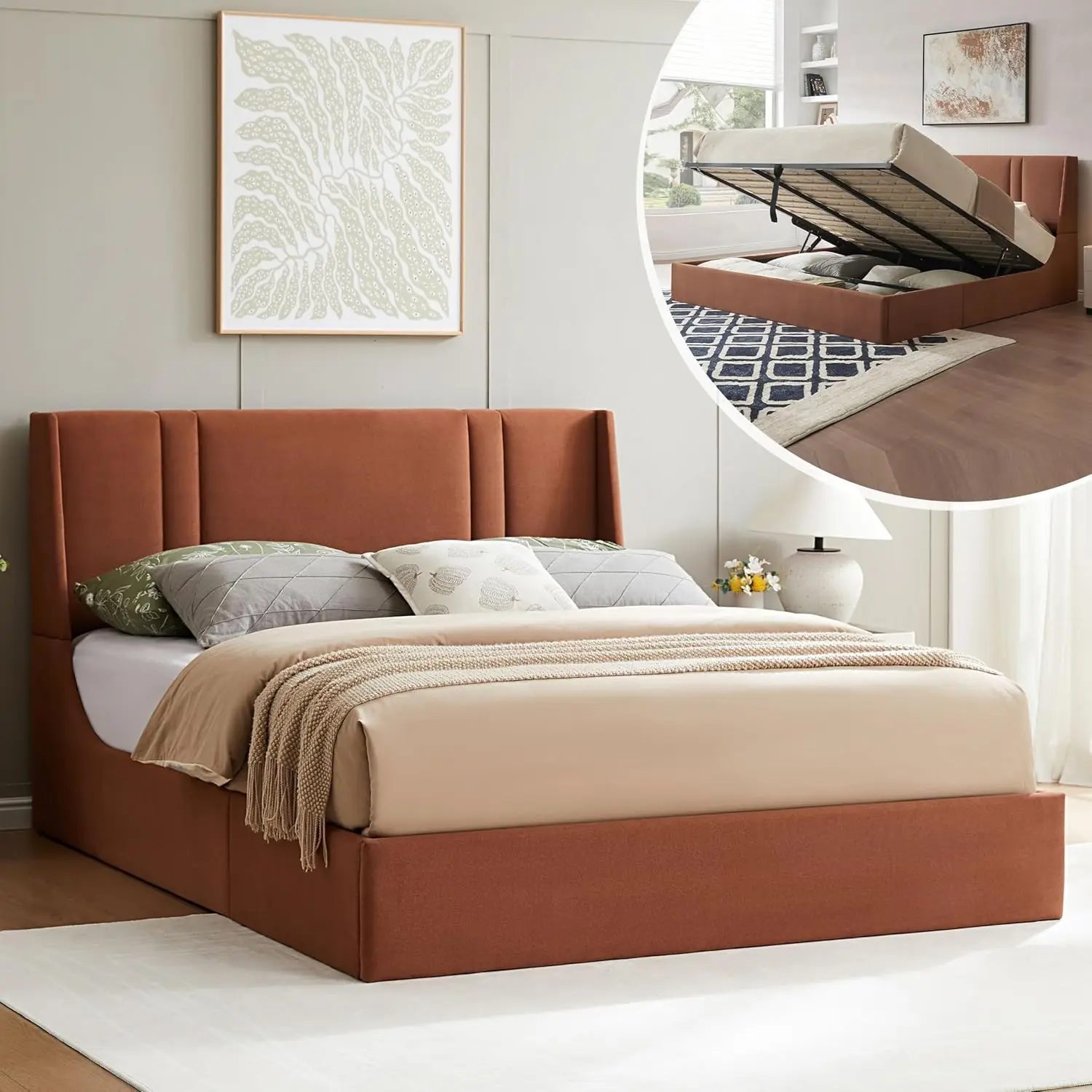 

Lift Up Storage Bed with Hydraulic Support Large Underneath Storage Modern Wingback Headboard Upholstered Platform Bed Sturdy Sl