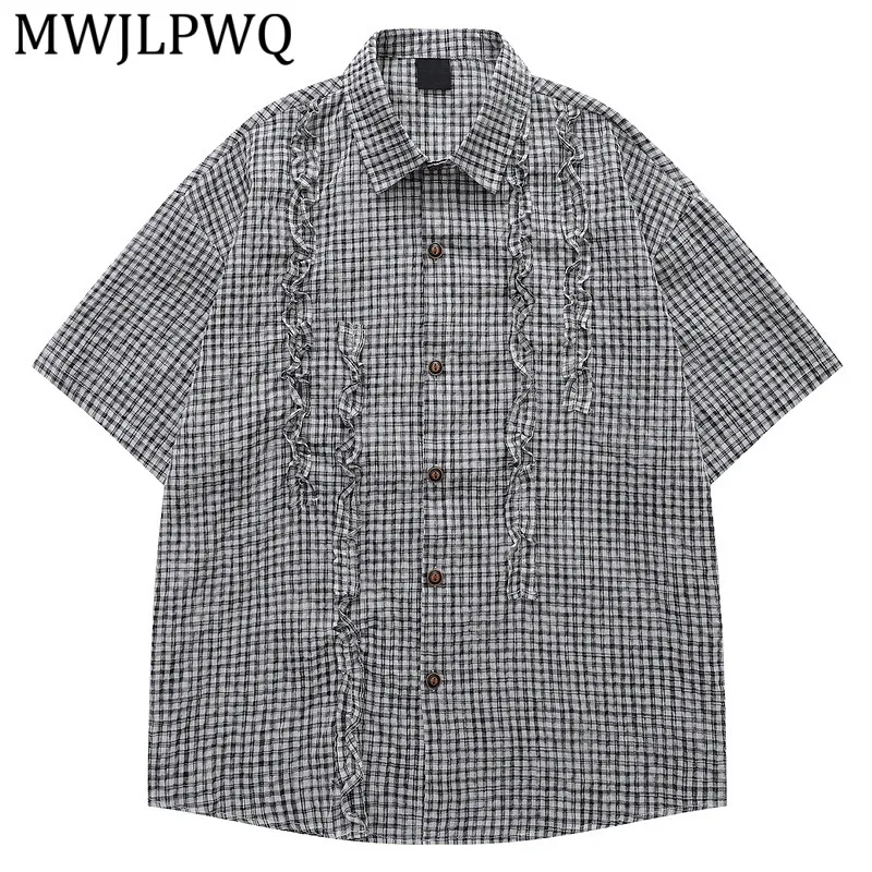 

MWJLPWQ Street Style Japanese Ruffled Loose-Fit Short-Sleeve Plaid Shirt For Breathable Lightweight Unisex Casual Tops 16229