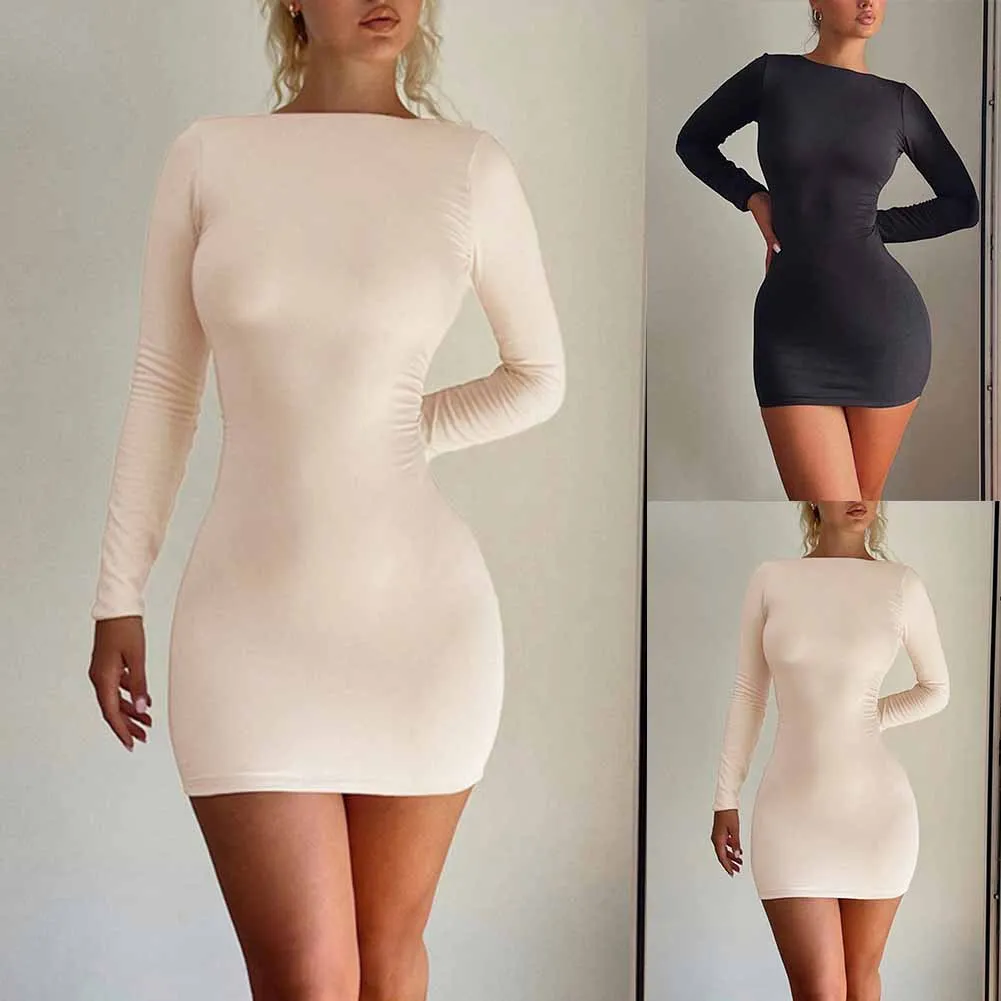 Abito da festa caldo Abito con copertura dell'anca Manica lunga Girocollo Sexy Slim Tinta unita Temperamento Donna Backless Femminile